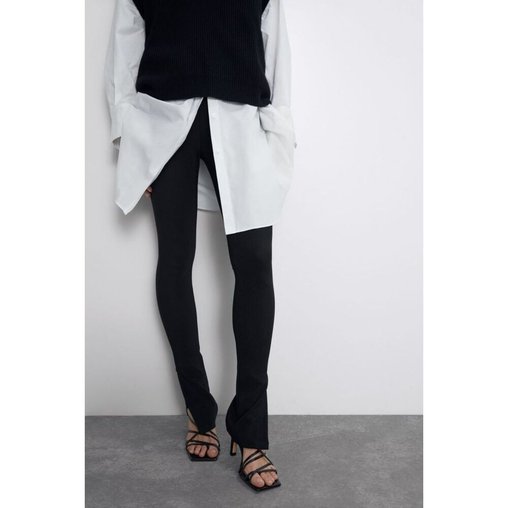 Zara Ottoman Split Hem Ribbed Black Leggings S